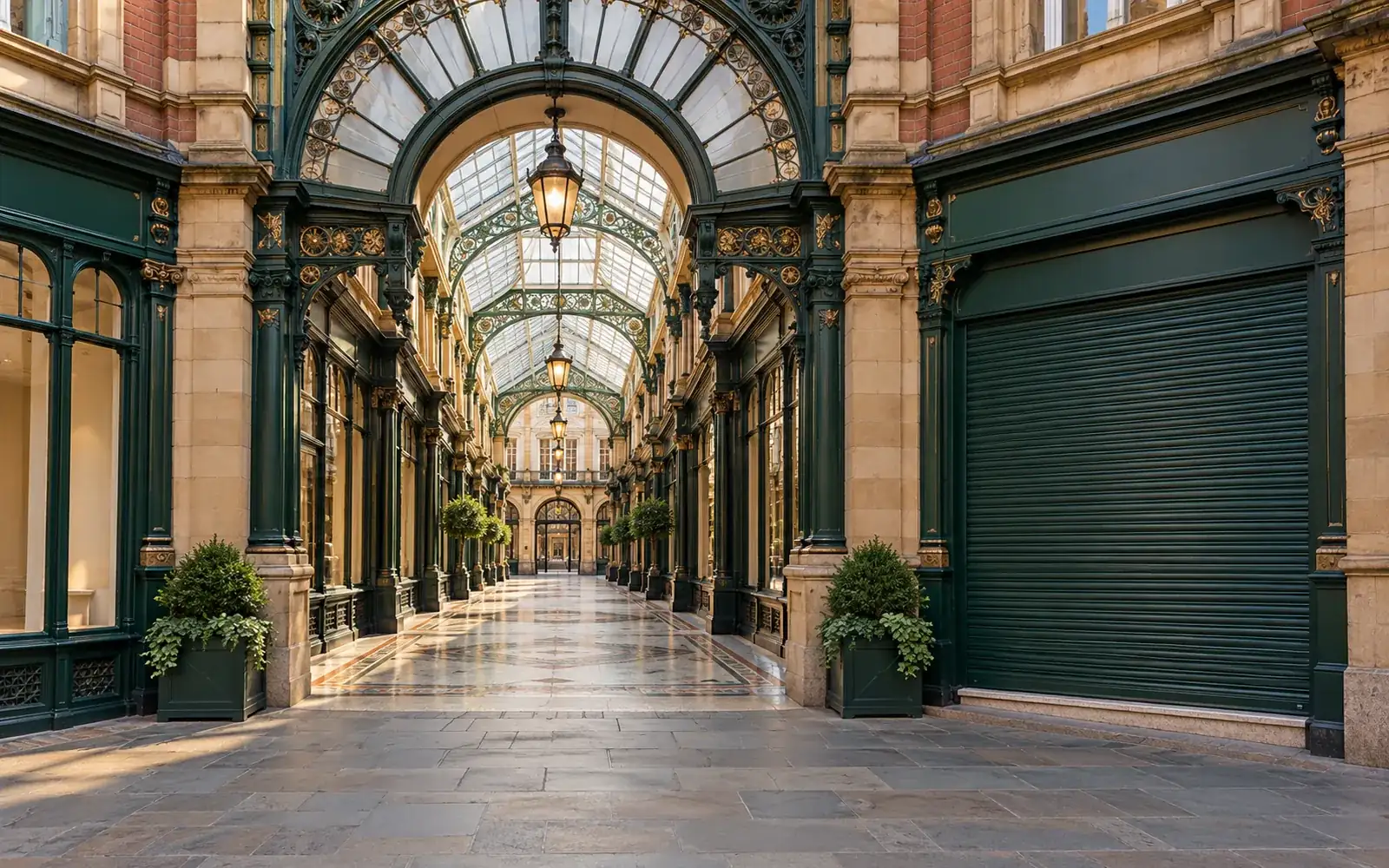 Dark green commercial roller shutter beneath Victorian arcade ironwork